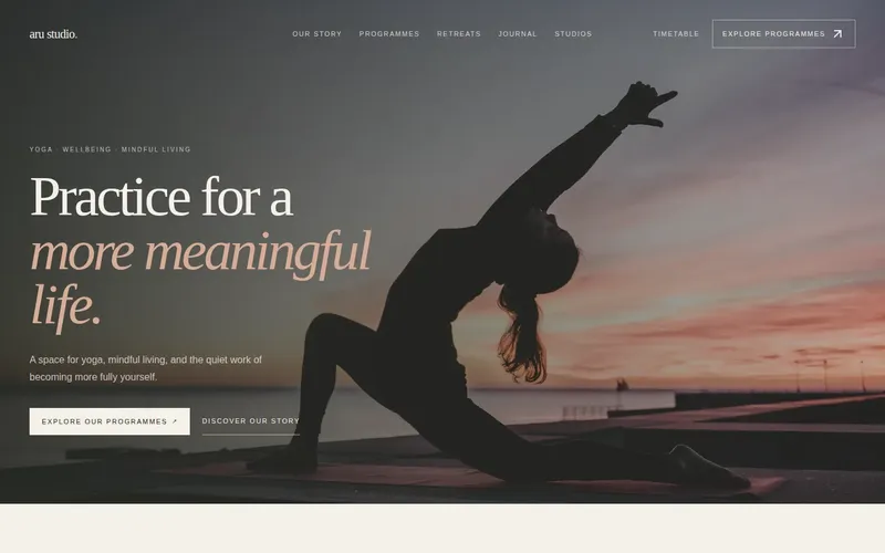 Aru Studio yoga and wellbeing website concept homepage hero
