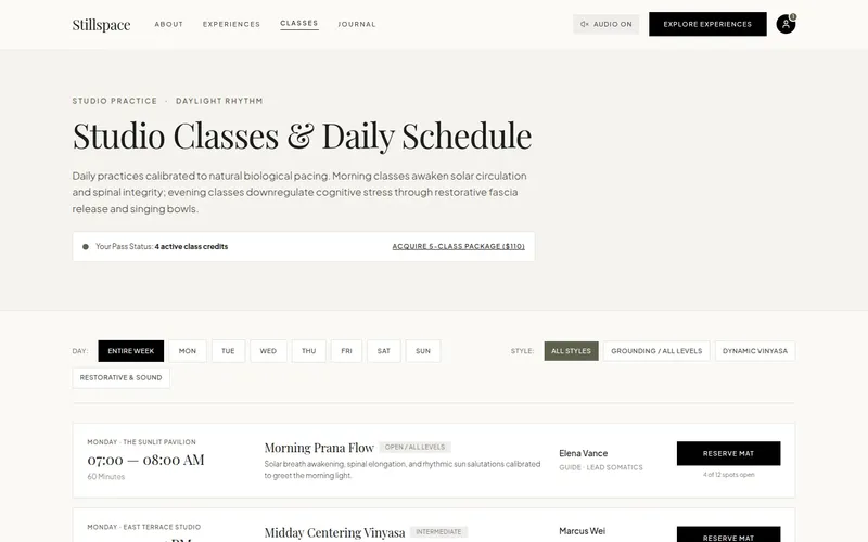 Stillspace website concept weekly class schedule page