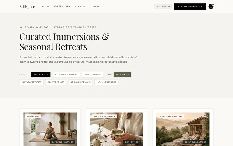 Stillspace website concept experiences and retreats page