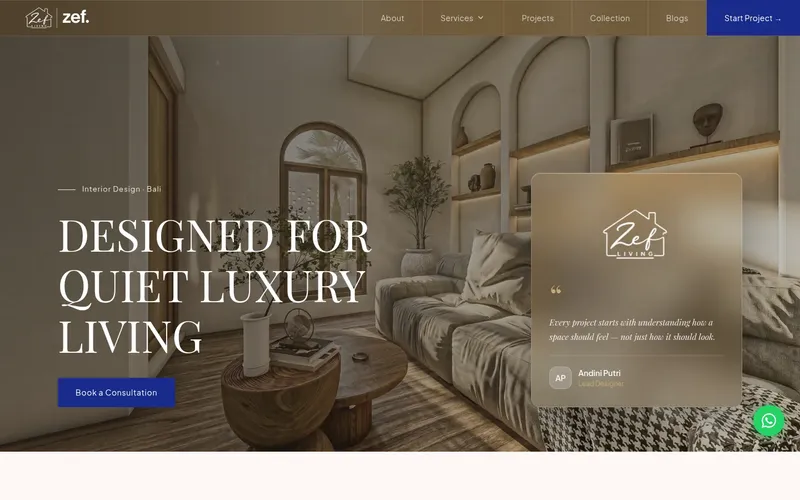 ZEF LIVING website homepage desktop view