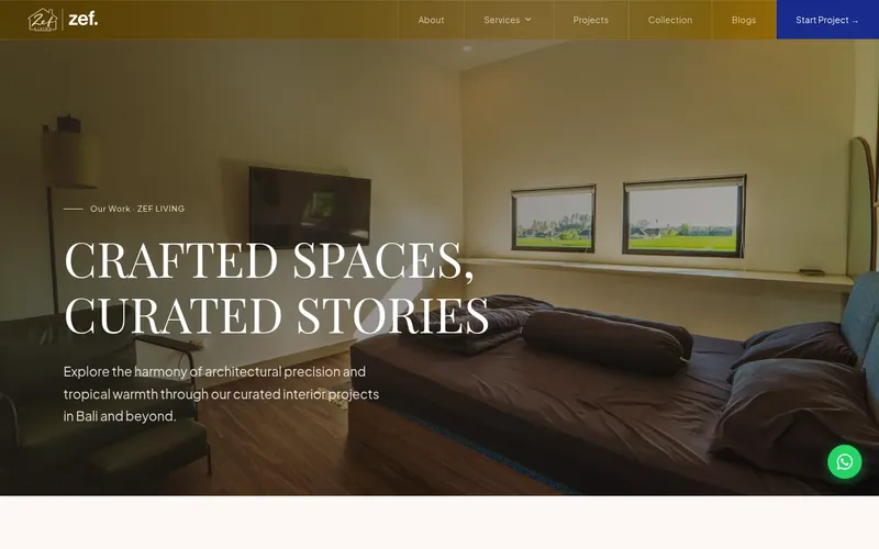 ZEF LIVING website portfolio page desktop view