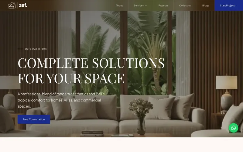 ZEF LIVING website services page desktop view
